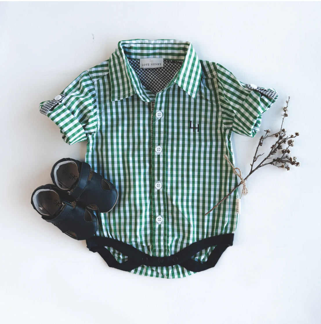 Love Henry - Baby Boys/Boys Dress Shirt Romper - Bright Green Check