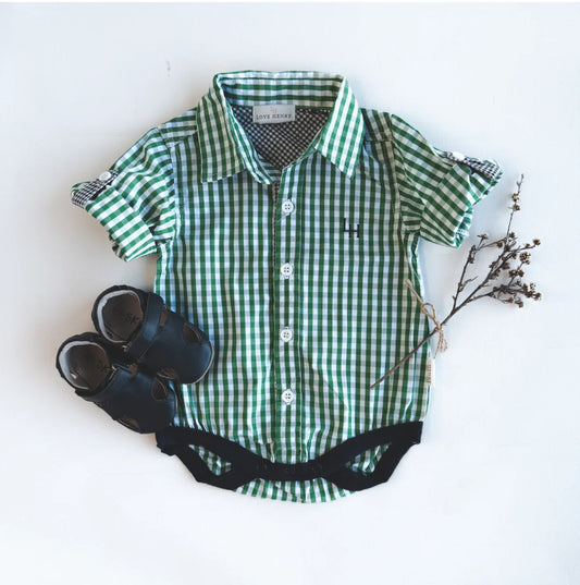Love Henry - Baby Boys/Boys Dress Shirt Romper - Bright Green Check