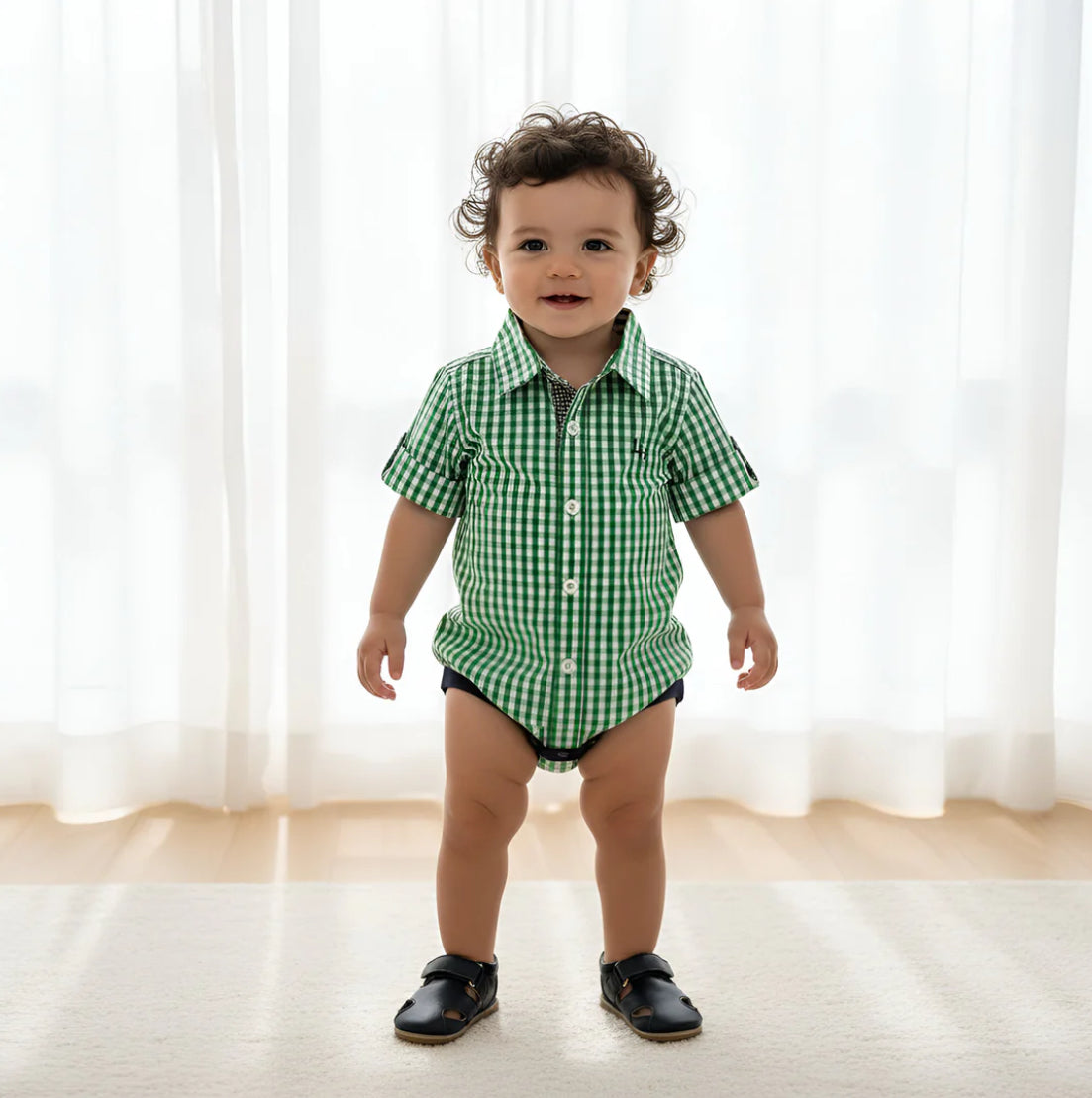 Love Henry - Baby Boys/Boys Dress Shirt Romper - Bright Green Check