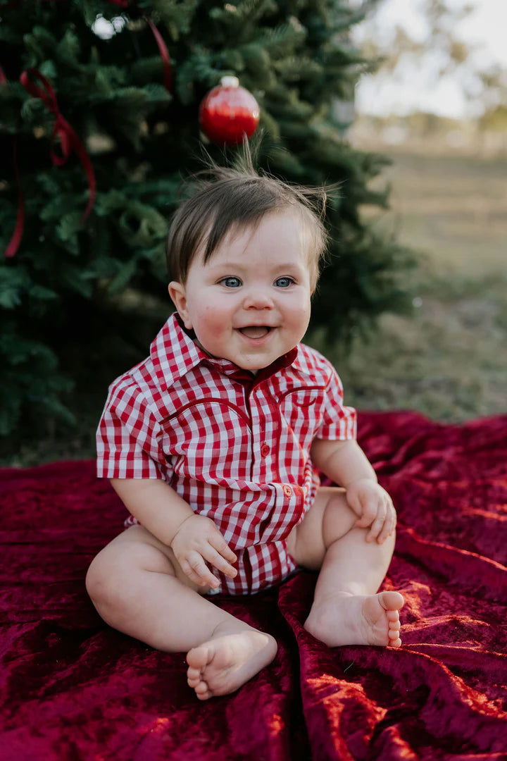 Little Windmell - Barnley Deep Red Checkered Short Sleeved Romper